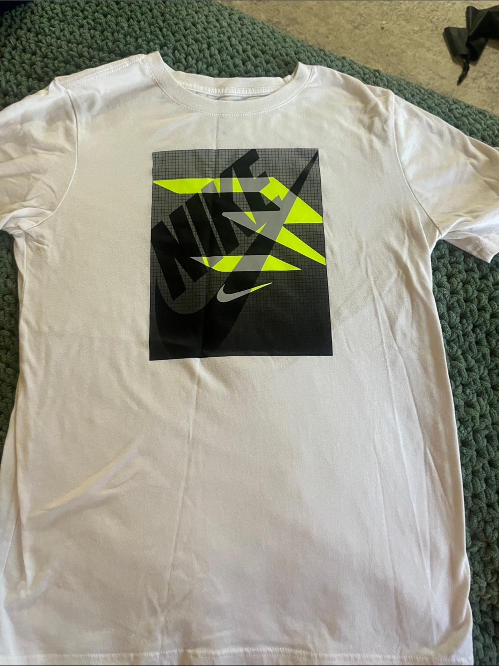 Nike White Short Sleeve Tee with Neon Yellow and Black Graphic